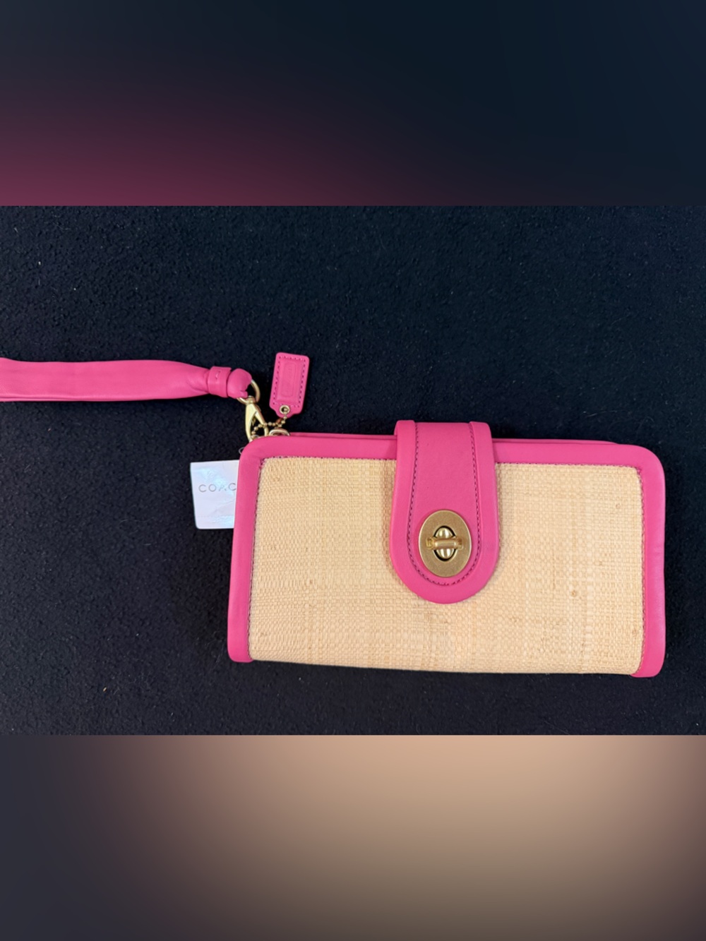 NWT COACH Pink leather Trim Straw Wristlet clutch bag